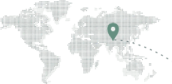 Dotted world map with a teal location pin over South Asia and a dashed connector to the right